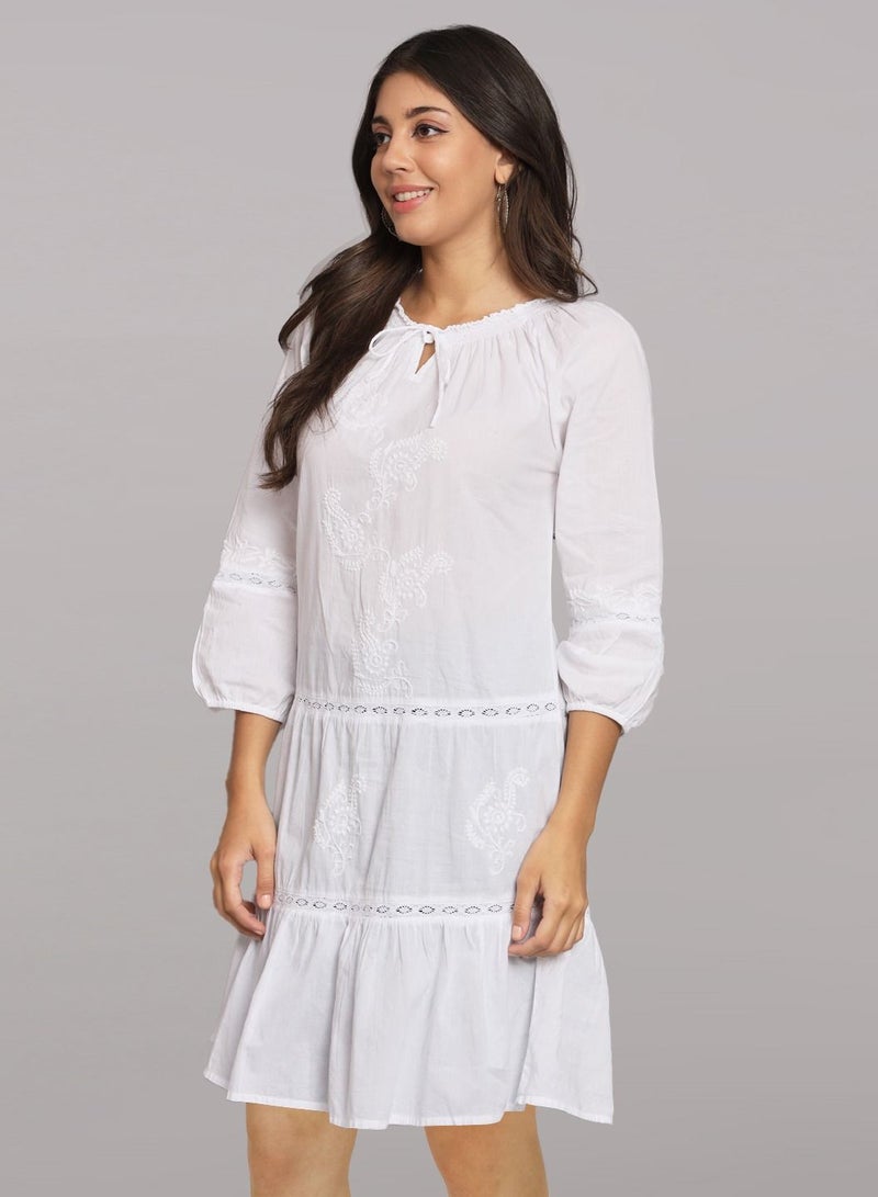 Alaya Hand Embroidered Chikankari A-Line Cotton Tunic With Elasticated Neckline & Sleeve-AL14362  - Image 3