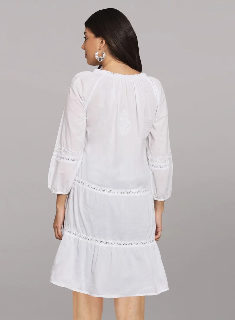 Alaya Hand Embroidered Chikankari A-Line Cotton Tunic With Elasticated Neckline & Sleeve-AL14362
