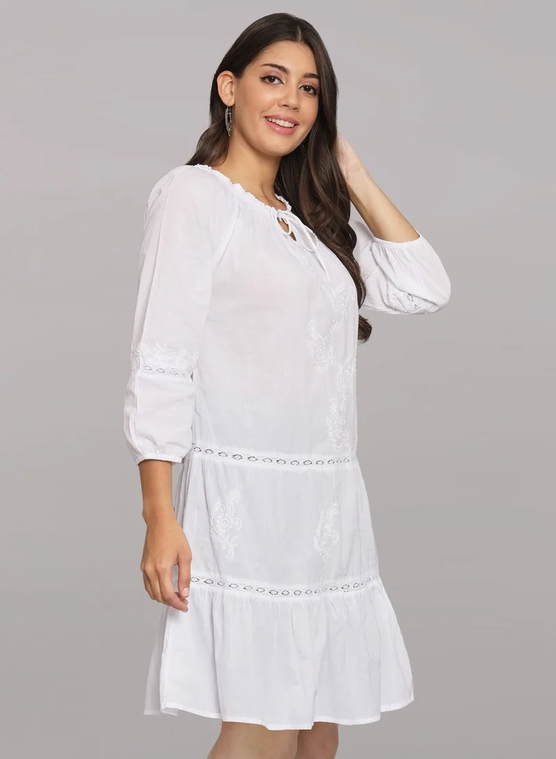 Alaya Hand Embroidered Chikankari A-Line Cotton Tunic With Elasticated Neckline & Sleeve-AL14362