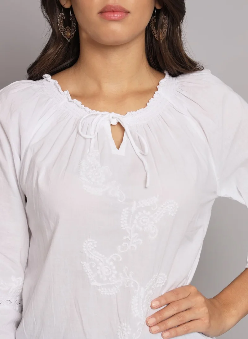 Alaya Hand Embroidered Chikankari A-Line Cotton Tunic With Elasticated Neckline & Sleeve-AL14362