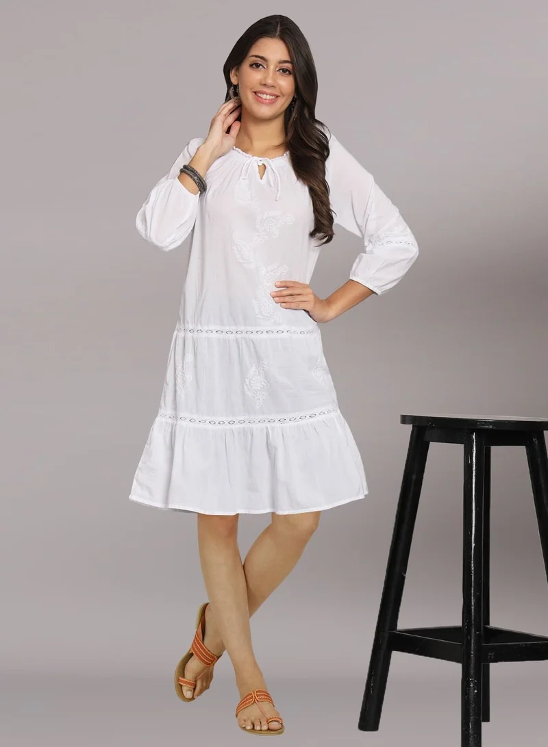 Alaya Hand Embroidered Chikankari A-Line Cotton Tunic With Elasticated Neckline & Sleeve-AL14362