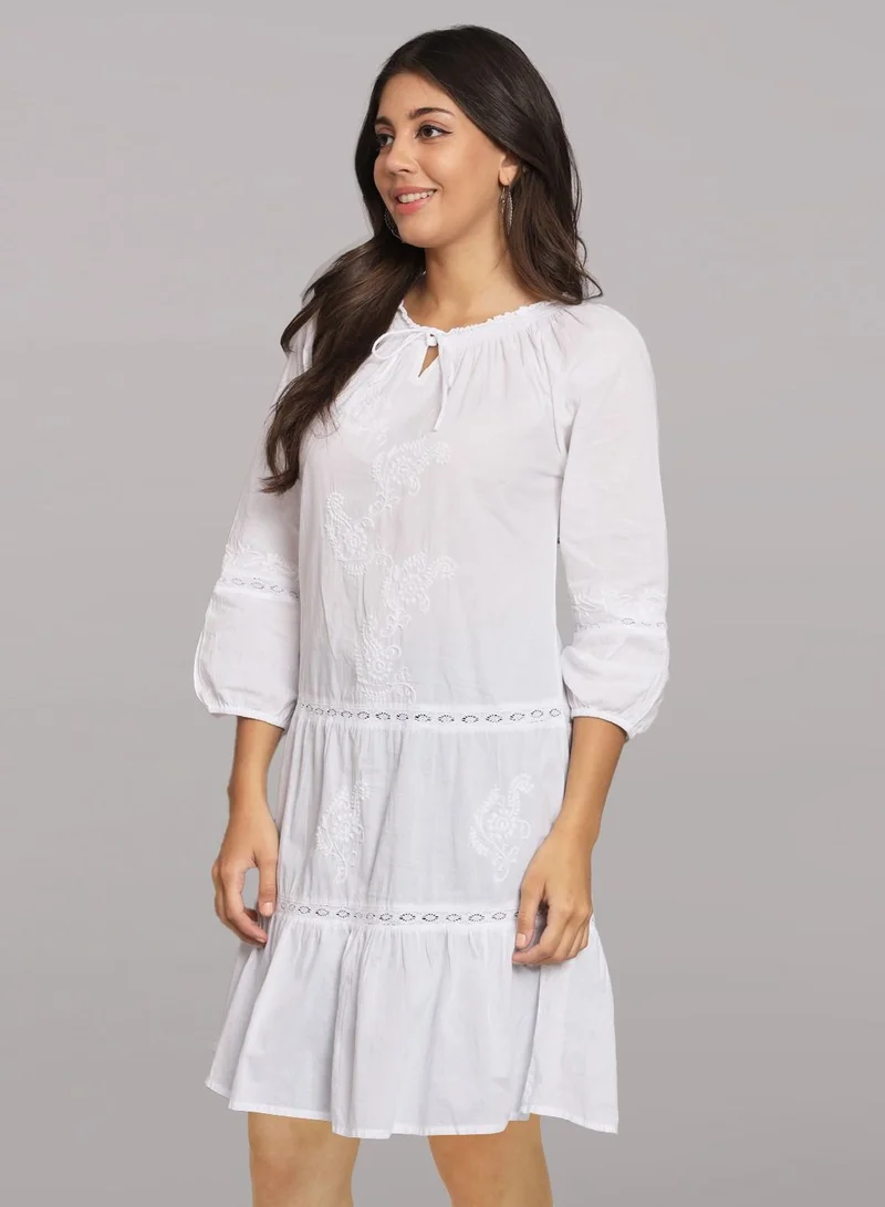 Alaya Hand Embroidered Chikankari A-Line Cotton Tunic With Elasticated Neckline & Sleeve-AL14362