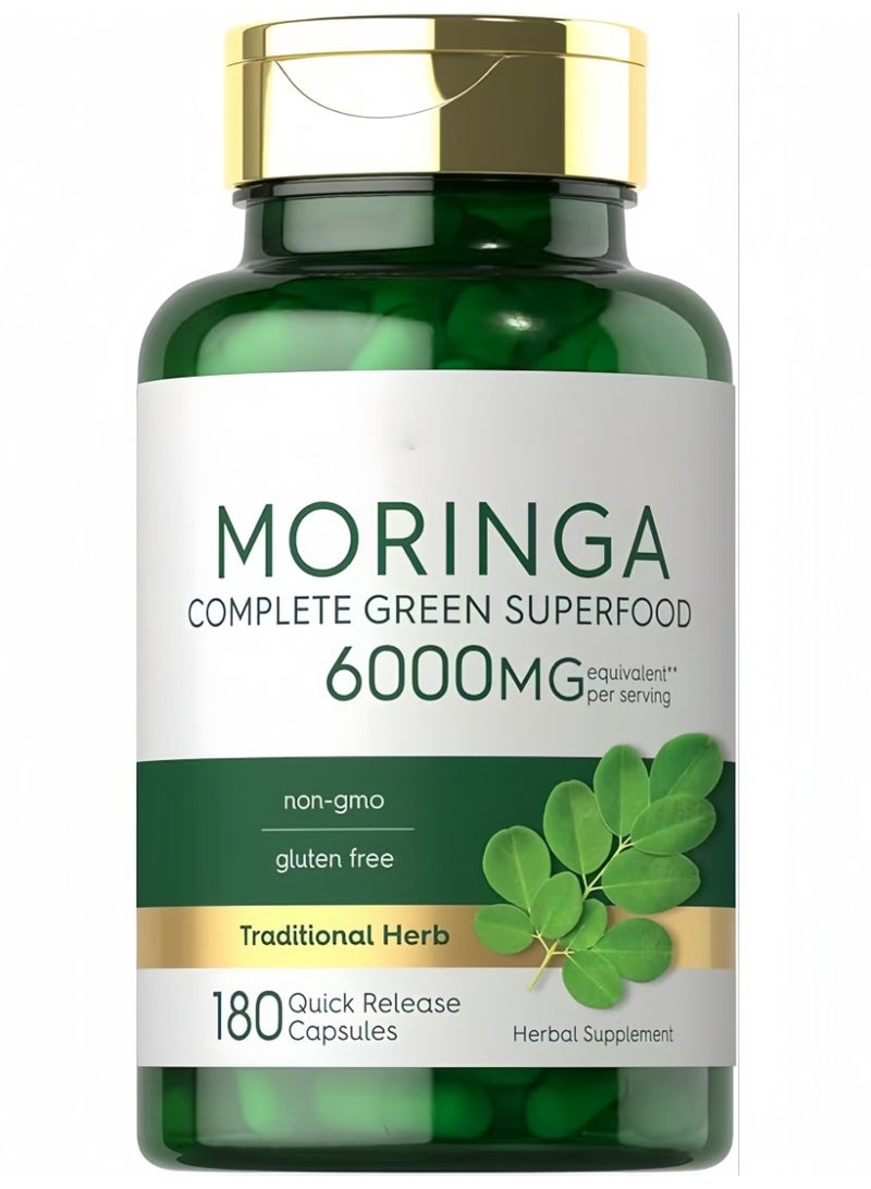 مورينجا كبسولات المورنجا 6000 ملجم، 180 كبسولة سريعة الإطلاق - غير معدلة وراثياً وخالية من الغلوتين، غذاء خضراء فائق القيمة متكامل - Image 1