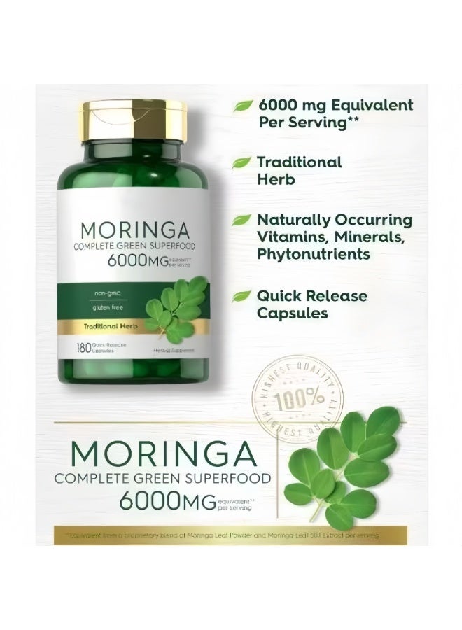 مورينجا كبسولات المورنجا 6000 ملجم، 180 كبسولة سريعة الإطلاق - غير معدلة وراثياً وخالية من الغلوتين، غذاء خضراء فائق القيمة متكامل - Image 2