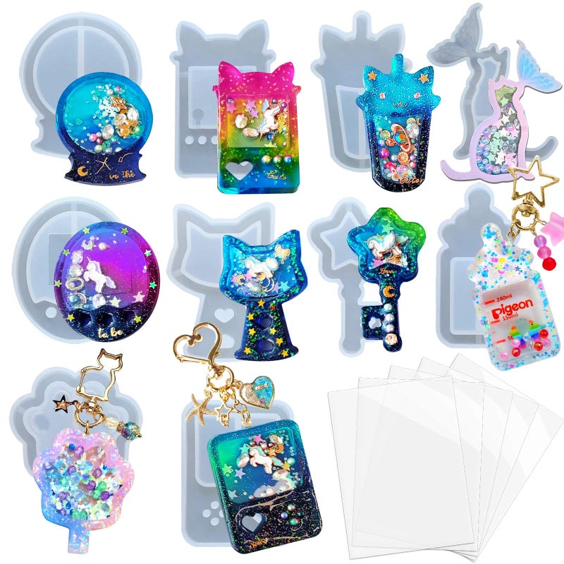 FUNSHOWCASE Resin Shaker Molds Set Game Consoles Bottle Cats Paw Crystal Ball 10 Silicone Trays with 5 Seal Films