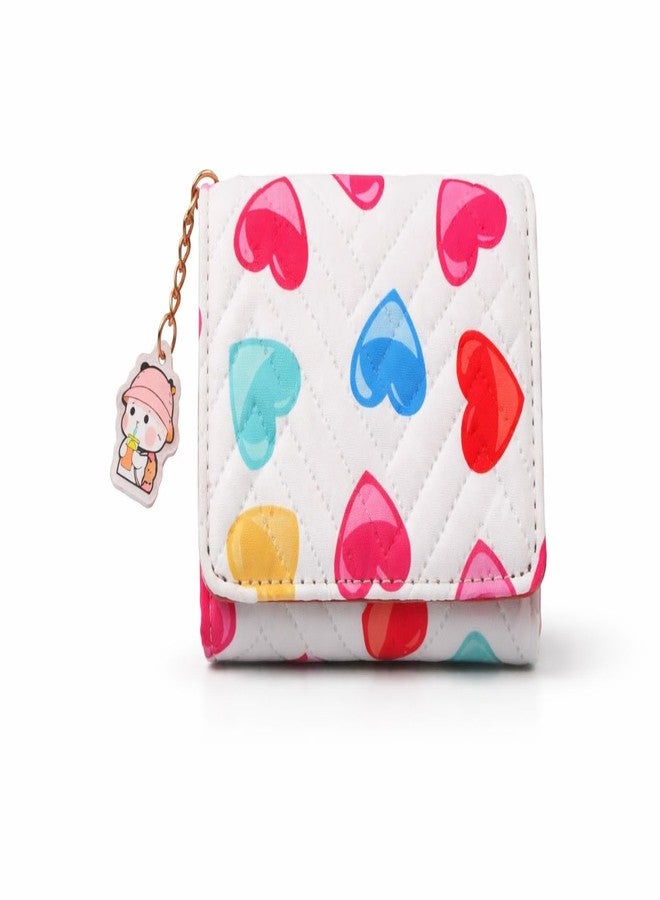 Portable Cute Heart Print Mini Wallet for Girls, Compact Folding Coin Purse with Button Closure & Keychain Charm, Small Lightweight Card Holder & Cash Pouch for Daily Use (White) - Image 5