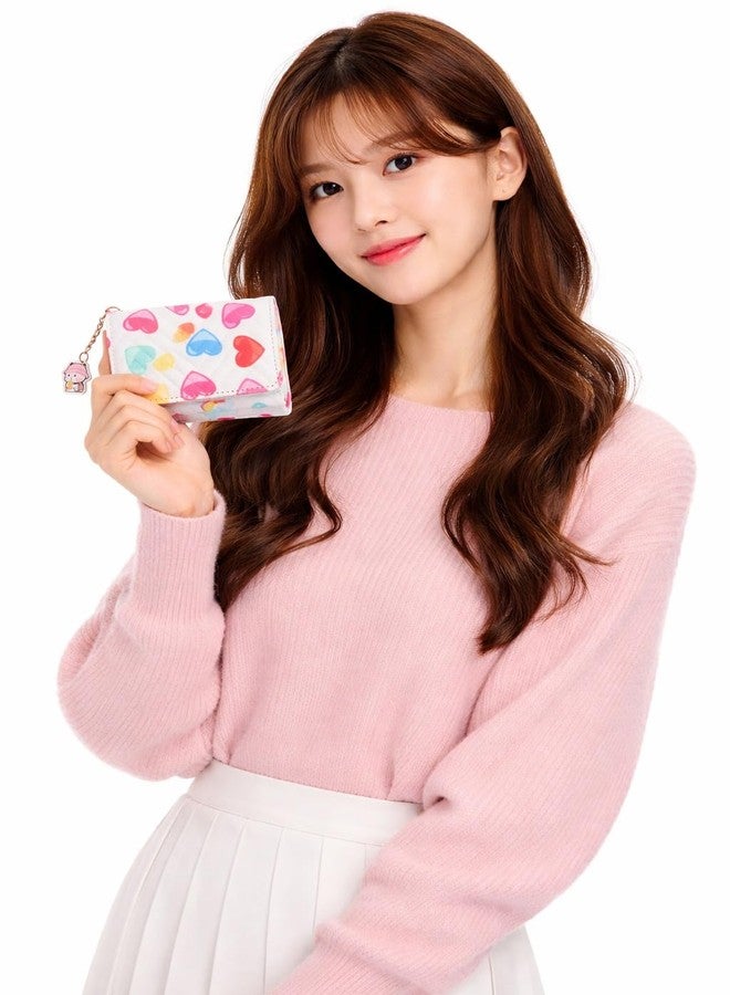 Portable Cute Heart Print Mini Wallet for Girls, Compact Folding Coin Purse with Button Closure & Keychain Charm, Small Lightweight Card Holder & Cash Pouch for Daily Use (White) - Image 4