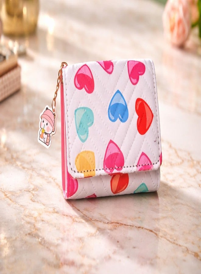 Portable Cute Heart Print Mini Wallet for Girls, Compact Folding Coin Purse with Button Closure & Keychain Charm, Small Lightweight Card Holder & Cash Pouch for Daily Use (White) - Image 3