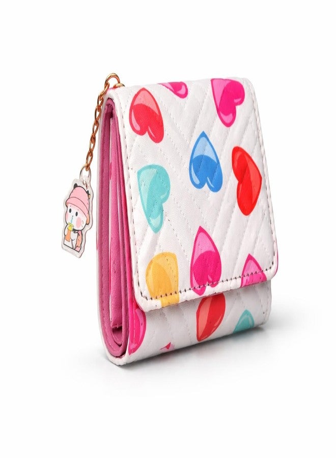 Portable Cute Heart Print Mini Wallet for Girls, Compact Folding Coin Purse with Button Closure & Keychain Charm, Small Lightweight Card Holder & Cash Pouch for Daily Use (White) - Image 1