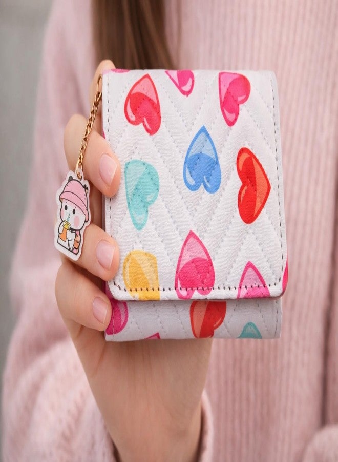 Portable Cute Heart Print Mini Wallet for Girls, Compact Folding Coin Purse with Button Closure & Keychain Charm, Small Lightweight Card Holder & Cash Pouch for Daily Use (White) - Image 2