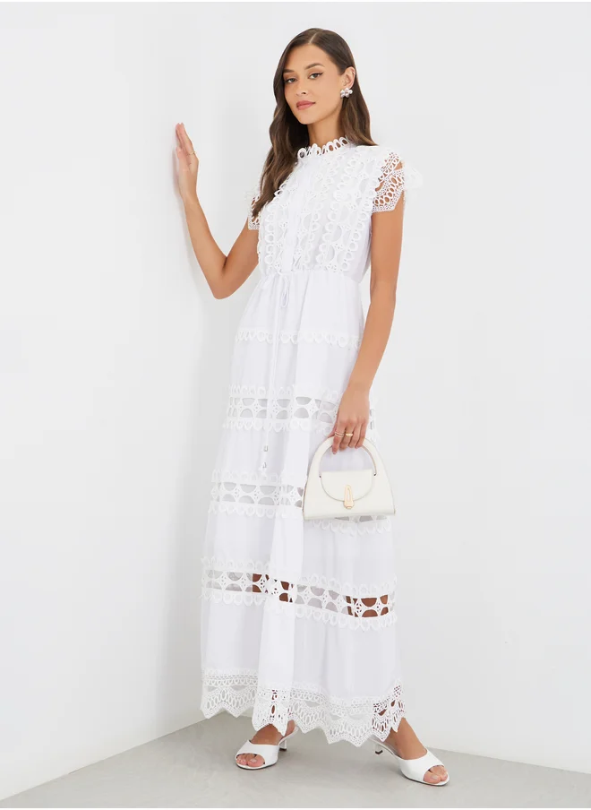 ستايلي Styli Solid Lace Short Sleeves Tiered Maxi Dress with Tie Detail