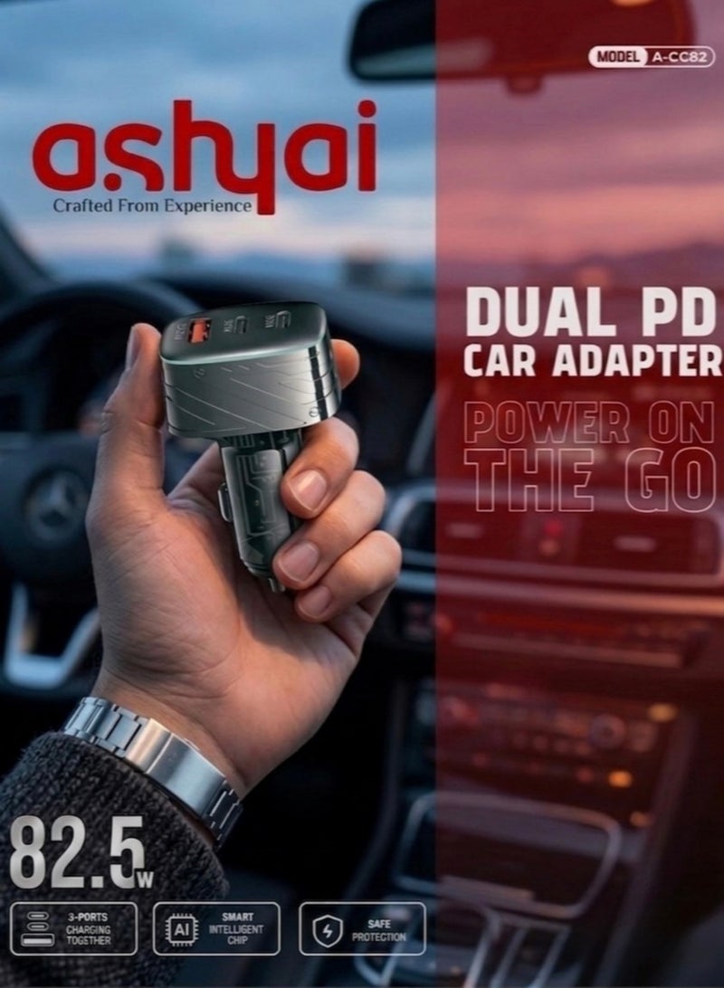Ashyai A-CC82 82.5W Fast Car Charger, Dual USB-C PD & QC 3.0 USB-A, Transparent Multi-Port Car Adapter, High-Speed Charging for iPhone, Android, iPad, MacBook Pro - Image 2