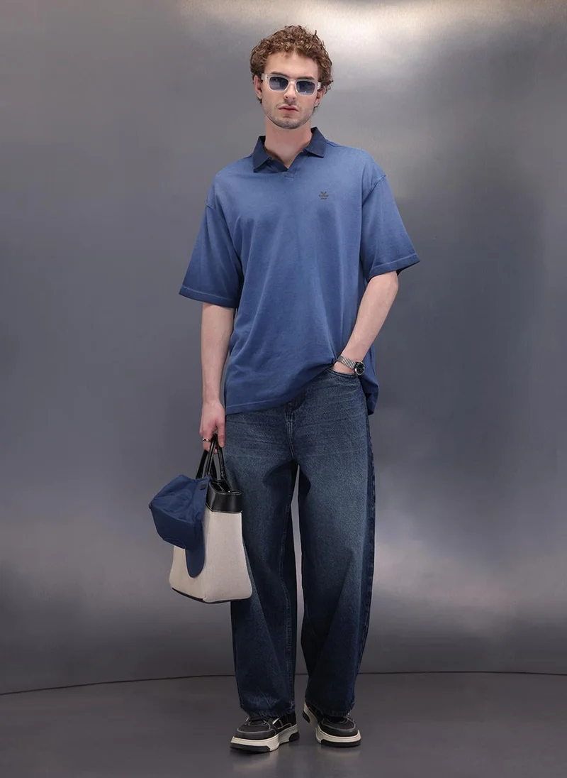 Wrogn Pure Cotton Oversized Polo T-Shirt | Blue