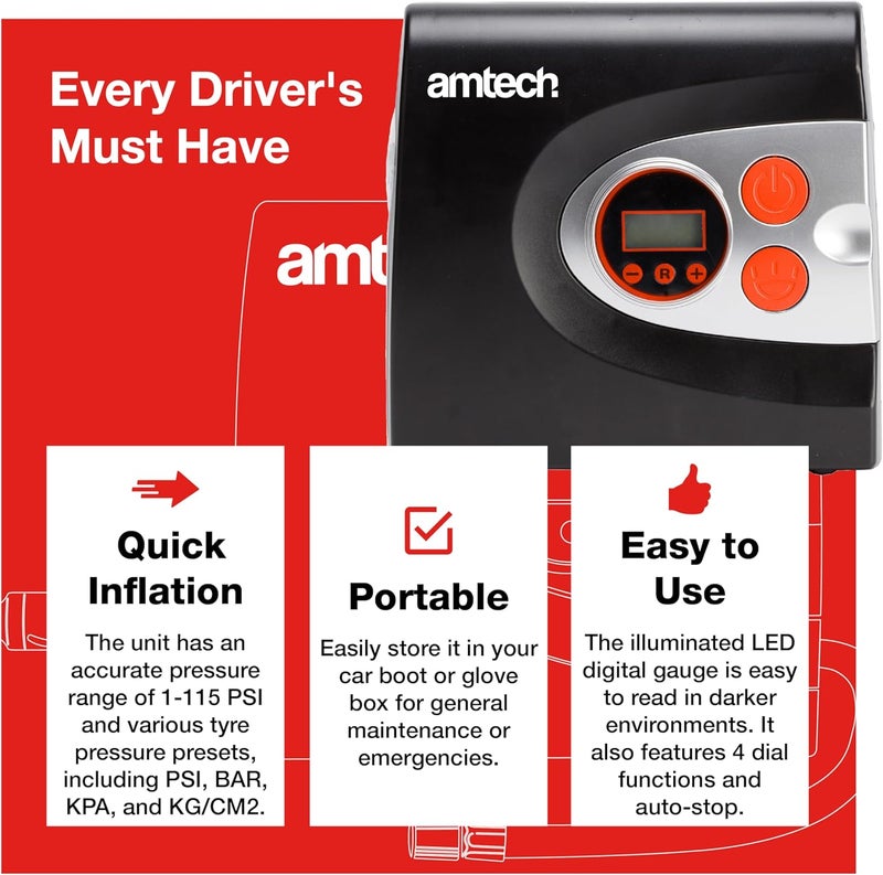 Amtech 12V Air Compressor Tyre Pump with LED Light - Image 2