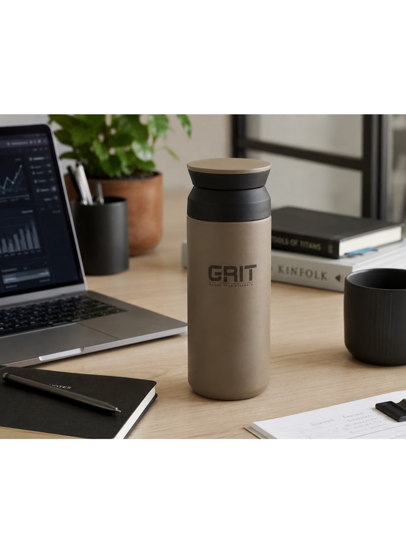 GRIT Insulated Flask Bottle 500ml - Hot & Cold Stainless Steel Flask - Modern Compact Design, Comfortable Grip & Leakproof Lid - Beige Stainless Steel Flask - Image 5