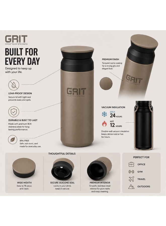 GRIT Insulated Flask Bottle 500ml - Hot & Cold Stainless Steel Flask - Modern Compact Design, Comfortable Grip & Leakproof Lid - Beige Stainless Steel Flask - Image 4