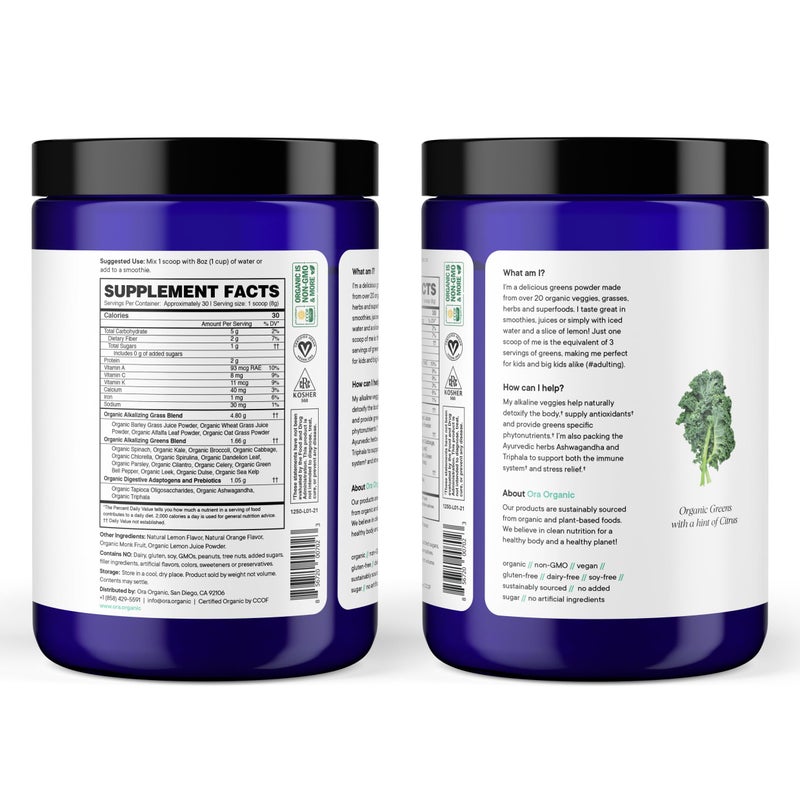 Ora Organic Greens Powder - Vegan, Gluten-Free, Organic Super Greens Drink for Energy and Detox | Antioxidants & Adaptogenic Herbs | 20+ Superfood Greens Blend - Citrus Flavor, 30 Servings - Image 4