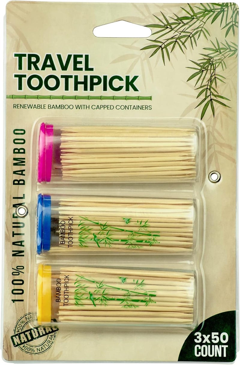 DecorRack 6 Travel Toothpick Dispensers with 300 Natural Bamboo Toothpick Holders, Portable Single-Point Wood Container with Covers, On the Go, Clear Mini Holders (Pack of 6) - Image 1
