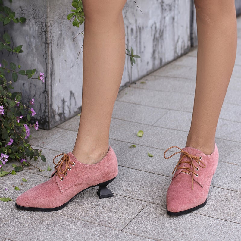 Model Spring 2024 Fashion Mid-Heel Pointed 40-48 Plus Size Suede Front Lace-Up Mid-Mouth Single Shoes - Image 5
