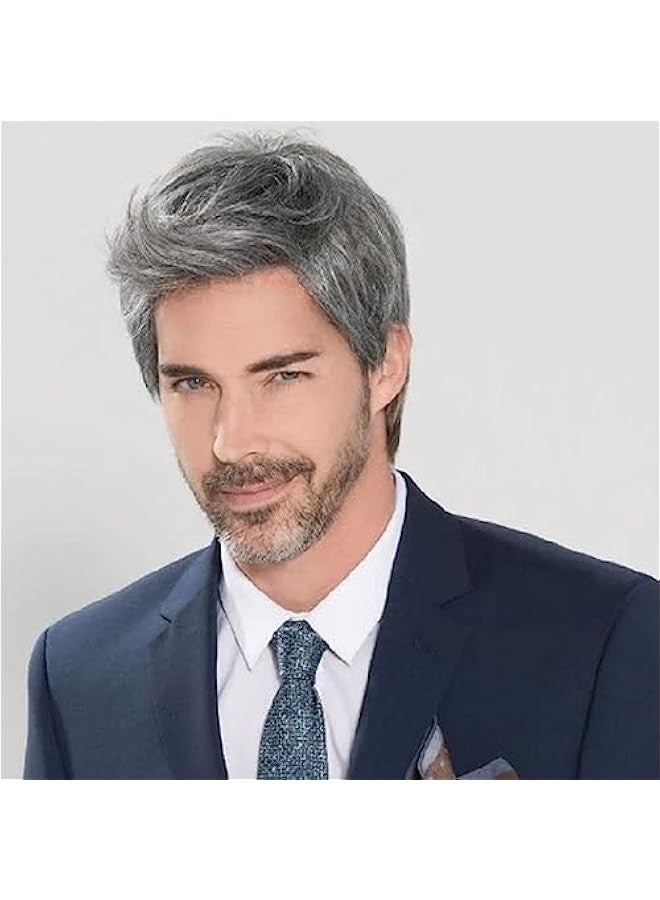 general Short Straight Male Wig Silver Gray Synthetic Wigs Side Part Heat Resistant Fiber Hair Wig For Men - Image 1