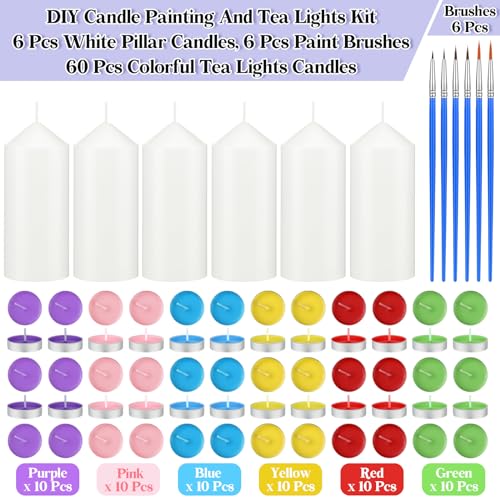 MTLEE 72 Pcs DIY Candle Painting Kit Include 6 Pcs 2"x 5" White Pillar Candles 60 Colored Tealight Candles and 6 Paint Brushes for Birthday Wedding Tea Party Crafts Centerpieces - Image 2