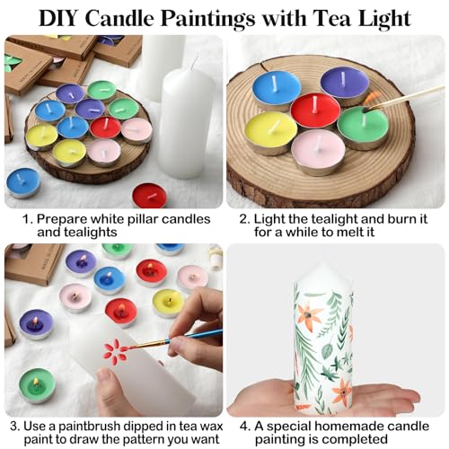 MTLEE 72 Pcs DIY Candle Painting Kit Include 6 Pcs 2"x 5" White Pillar Candles 60 Colored Tealight Candles and 6 Paint Brushes for Birthday Wedding Tea Party Crafts Centerpieces - Image 3