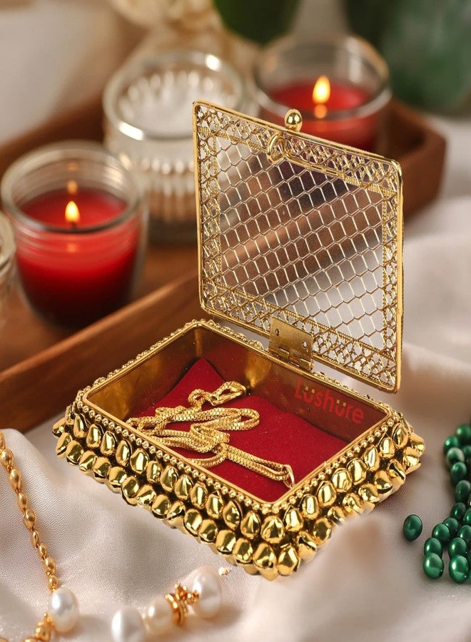 Lushure Metal Mesh Multipurpose Chain Earring Anklet Holder Box - Gold Finish | Rectangular | Gift Box Case for Wedding Engagment Valentine's Day - Image 2