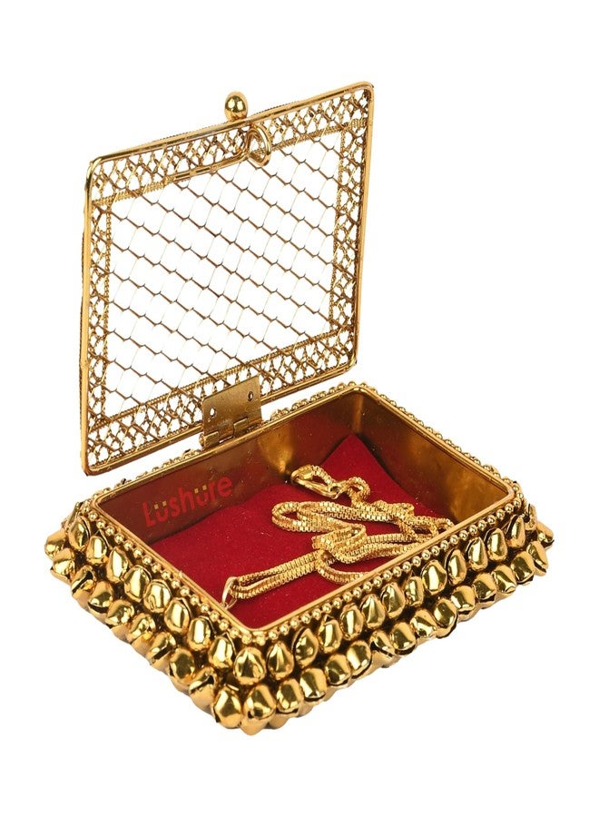 Lushure Metal Mesh Multipurpose Chain Earring Anklet Holder Box - Gold Finish | Rectangular | Gift Box Case for Wedding Engagment Valentine's Day - Image 1