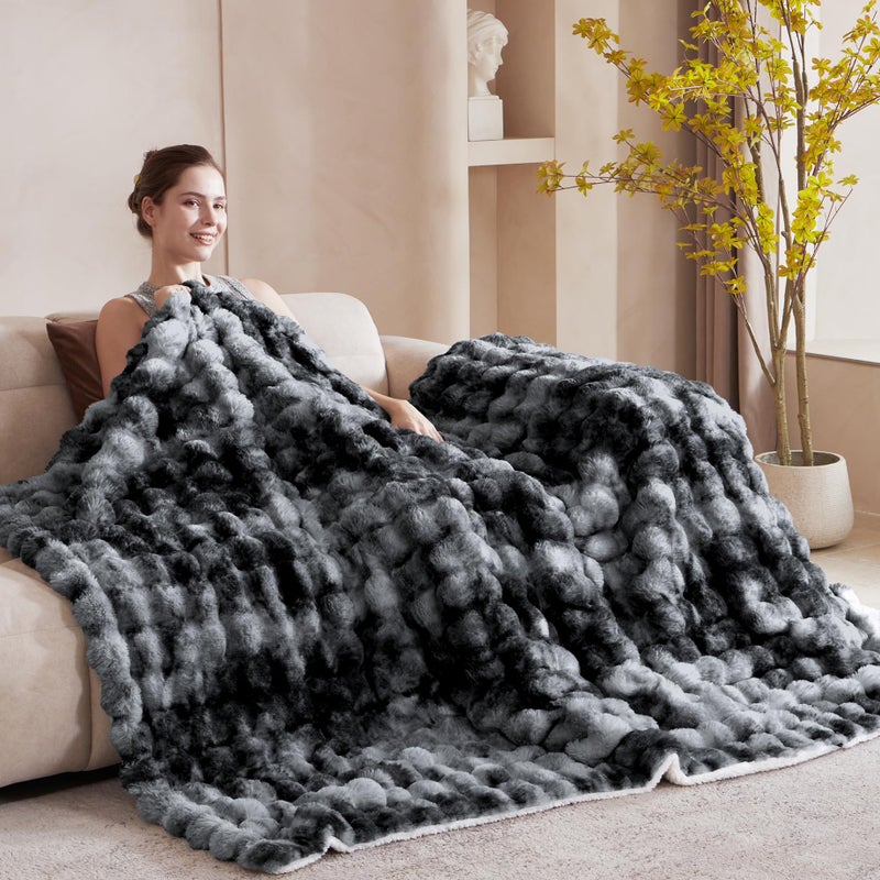 Serenhom 60x80 Inches Ultra-Soft Fuzzy Faux Fur Plush Twin Size Blanket - Thick  Warm Sherpa for Couch  Sofa  Bedroom  Camping - Decorative Blanket for Cozy Warmth  Bubble Black Tie Dye - Image 2