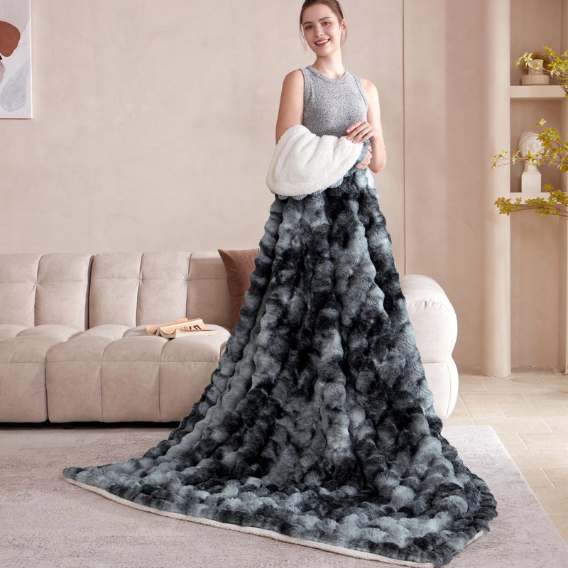 Serenhom 60x80 Inches Ultra-Soft Fuzzy Faux Fur Plush Twin Size Blanket - Thick  Warm Sherpa for Couch  Sofa  Bedroom  Camping - Decorative Blanket for Cozy Warmth  Bubble Black Tie Dye - Image 3