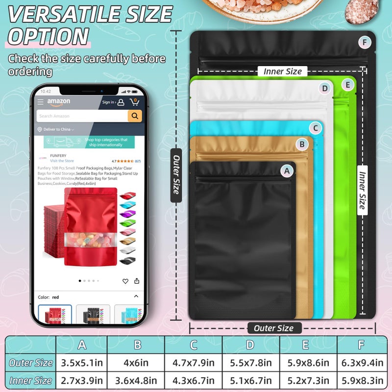 FUNFERY 3.5x5.1 inch Stand Up Mylar Resealable Bags for Food Storage,Smell Proof Foil Pouch,Food Packaging Sealable Bags,Mylar Zipper Bag for Jerky,Candy,Cereal,Coffee,Cards (Black, 50 Pack) - Image 4