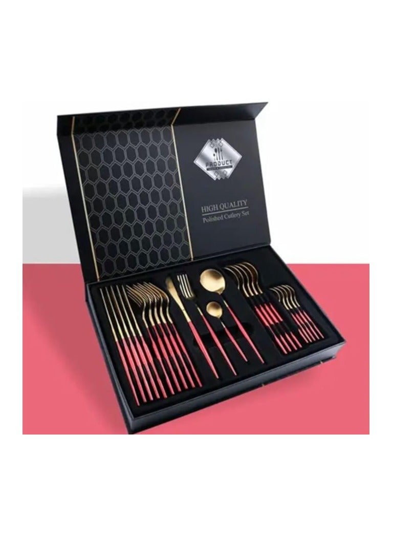 Elegant 24-piece gold and red cutlery set. - Image 1