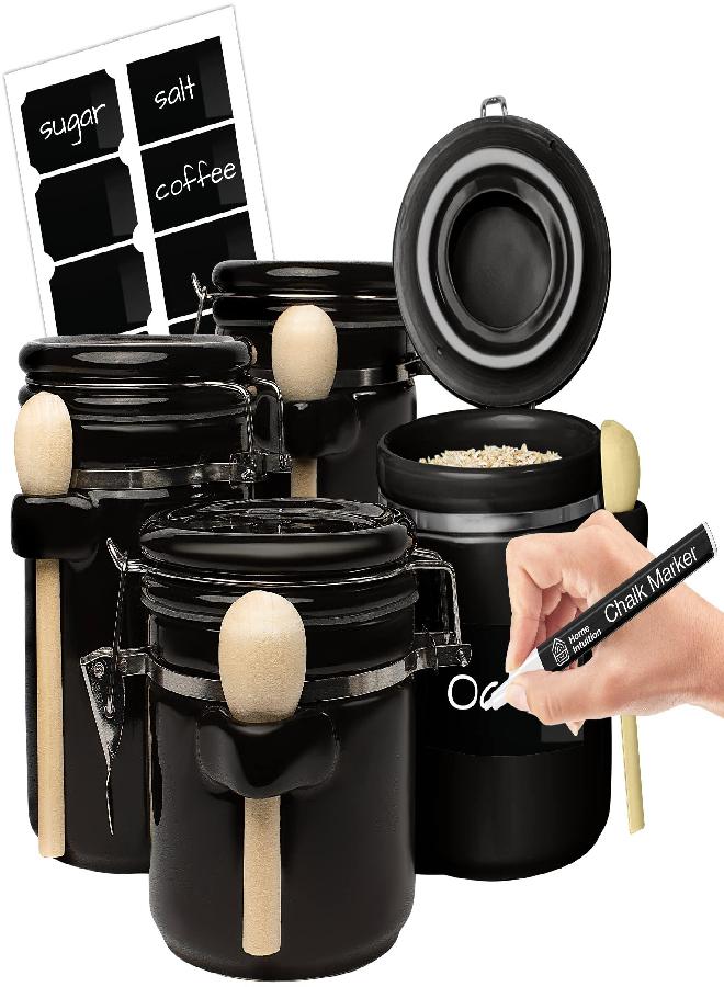 HOME INTUITION Home Intuition 4-Piece Ceramic Kitchen Canisters Set, Airtight Containers with Wooden Spoons Reusable Chalk Labels and Marker for Sugar, Coffee, Flour, Tea (Black)  - Image 1