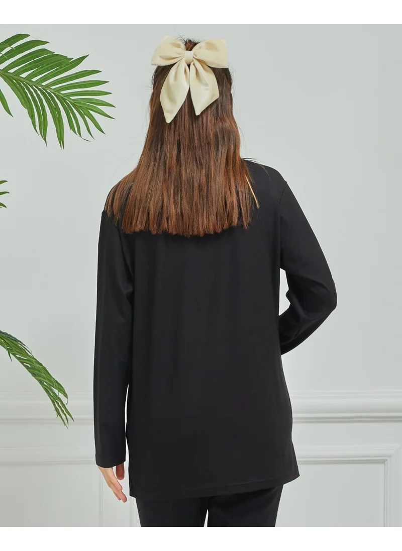 ستيلموني Women's Mother Black Embroidered Casual Middle Age Combed Cotton Blouse