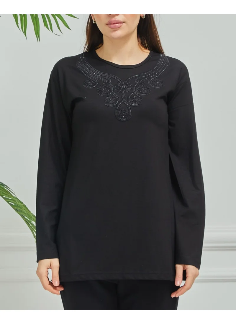 ستيلموني Women's Mother Black Embroidered Casual Middle Age Combed Cotton Blouse