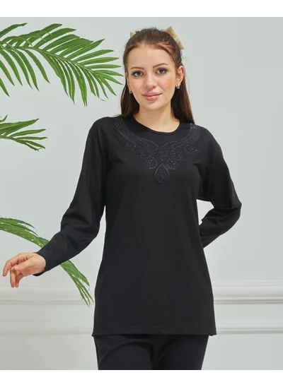 ستيلموني Women's Mother Black Embroidered Casual Middle Age Combed Cotton Blouse