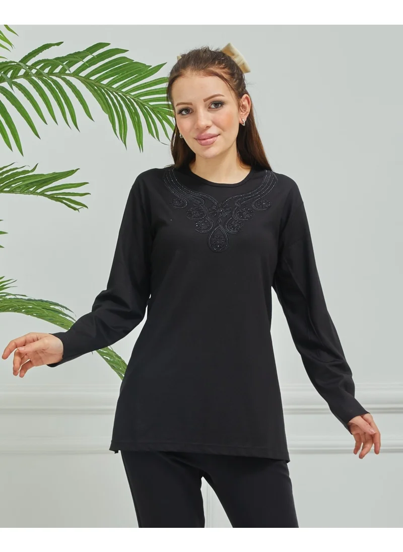 ستيلموني Women's Mother Black Embroidered Casual Middle Age Combed Cotton Blouse