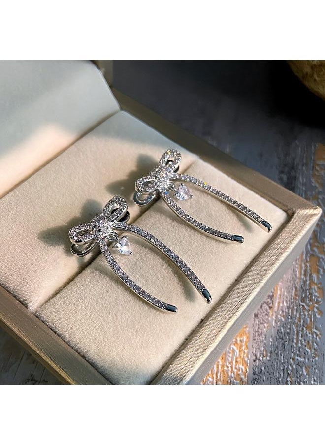 نيبمينينت Korean Style Silver Needle Bow Flash Diamond Earrings Light Luxury High-end Ear Jewelry Yiwu High Fashion 