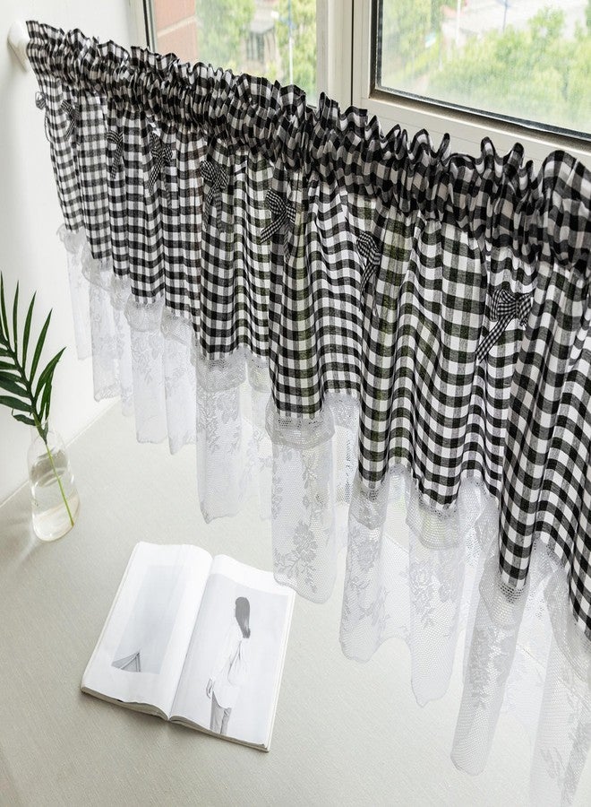 Huierxun Black and White Buffalo Check Plaid Window Valances Floral Lace Semi Sheer Kitchen Curtain Farmhouse Gingham Curtains Rod Pocket Valances for Living Room (Black A,42"x18") - Image 2
