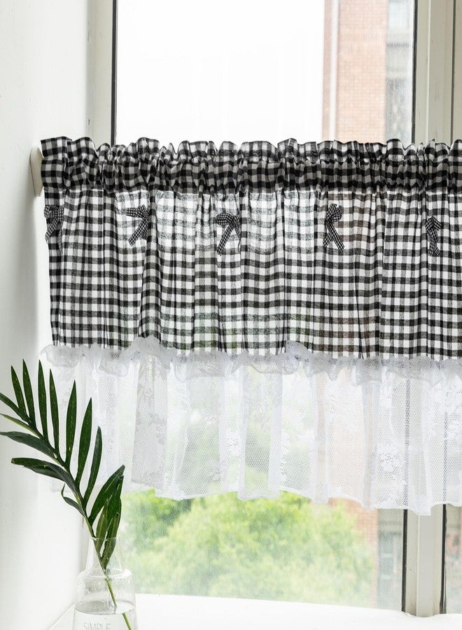 Huierxun Black and White Buffalo Check Plaid Window Valances Floral Lace Semi Sheer Kitchen Curtain Farmhouse Gingham Curtains Rod Pocket Valances for Living Room (Black A,42"x18") - Image 4