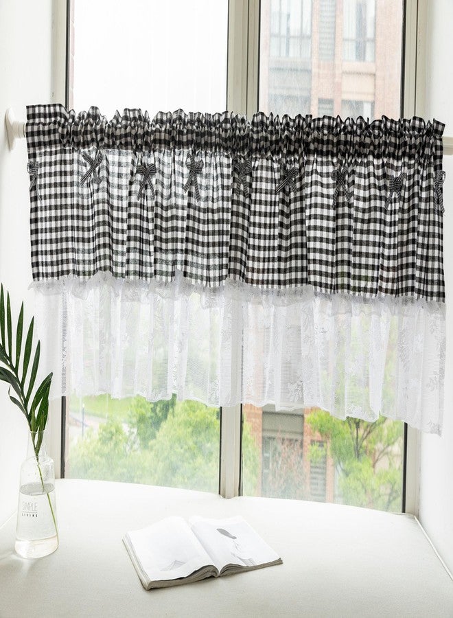 Huierxun Black and White Buffalo Check Plaid Window Valances Floral Lace Semi Sheer Kitchen Curtain Farmhouse Gingham Curtains Rod Pocket Valances for Living Room (Black A,42"x18") - Image 3