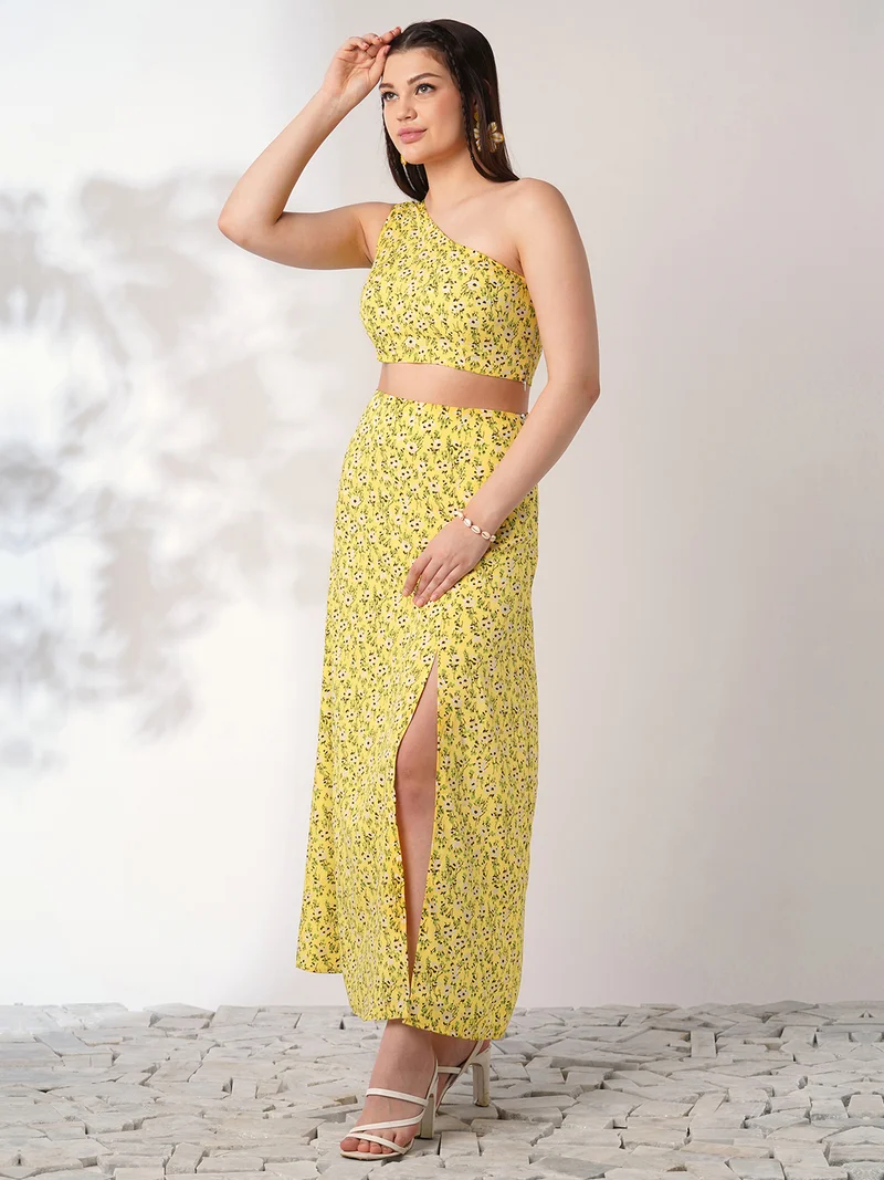 globus Globus Women Yellow Floral Print One Shoulder Crop Top With Side Slit Maxi Skirt Co-Ord Set
