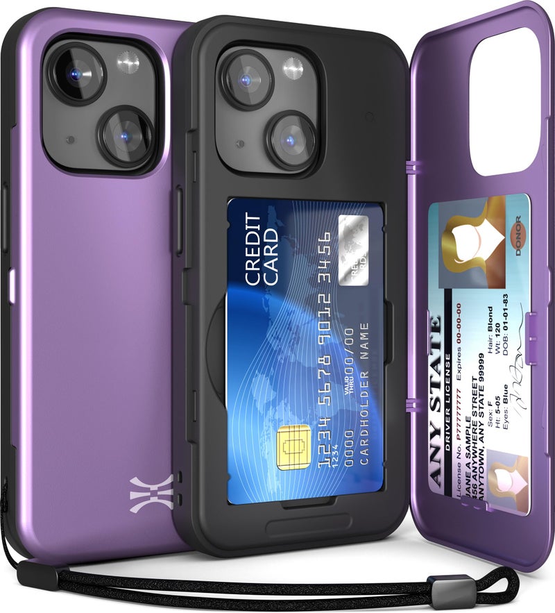 TORU for iPhone 15 Wallet Case with Card Holder, Hidden ID Credit Card Slot Flip Kickstand, Slim Fit Shockproof Heavy Duty Phone Cover with Strap - Purple - Image 1