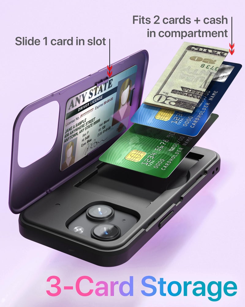 TORU for iPhone 15 Wallet Case with Card Holder, Hidden ID Credit Card Slot Flip Kickstand, Slim Fit Shockproof Heavy Duty Phone Cover with Strap - Purple - Image 3