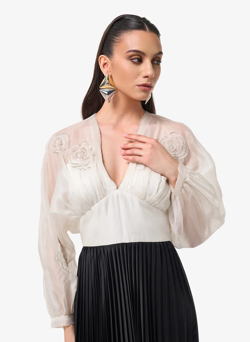 Threadz by Ajooni  Puff Sleeve V-Neck Asymmetric Midi Dress for Women | Best Price UAE