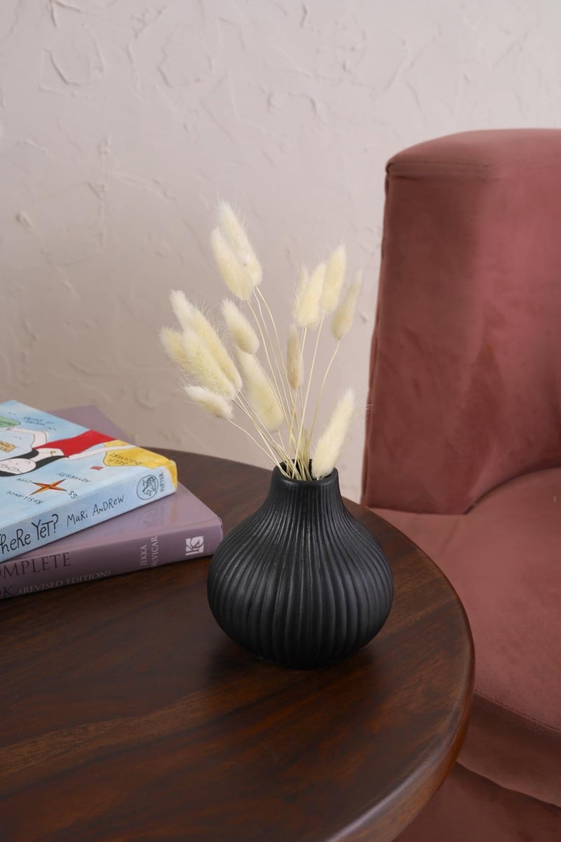 PUREZENTO Ribbed Textured Black Ceramic Vase 4.5 Inch – Pack of 1 | Decorative Ceramic Vase for Home Decor, Living Room, Office | Vases for Dried Flowers & Pampas Grass - Image 1