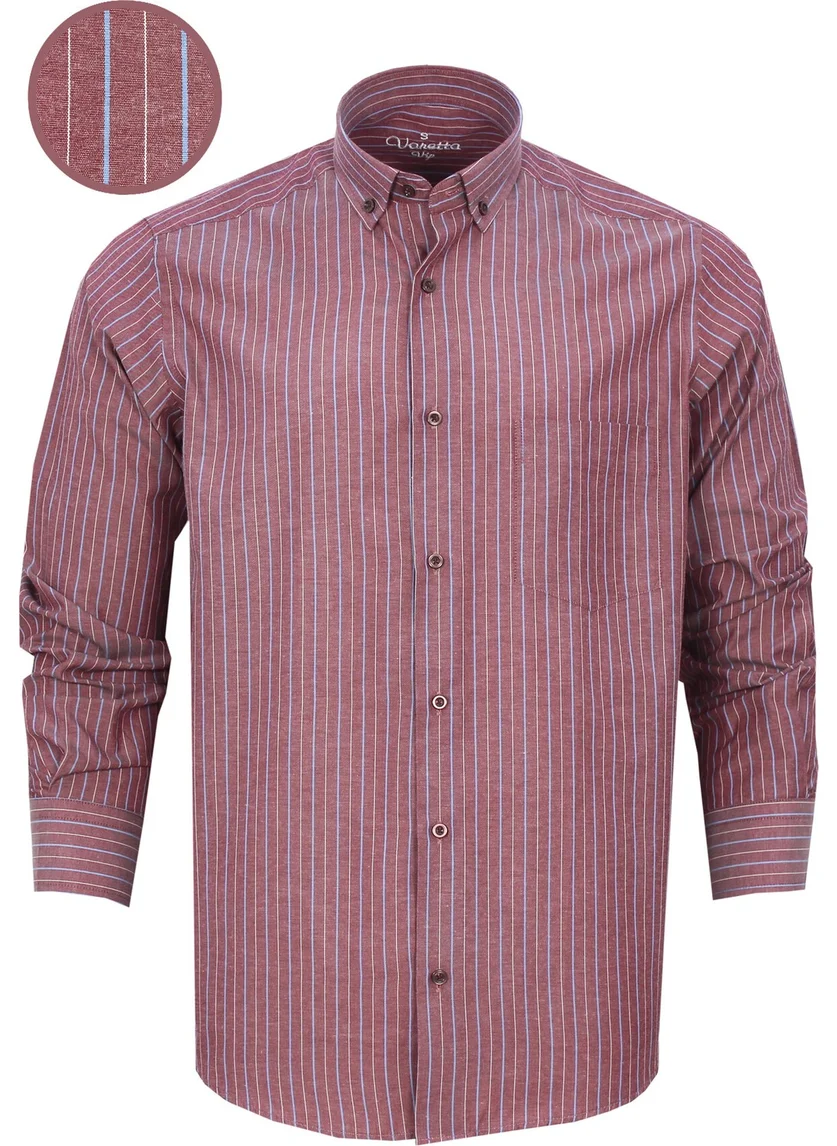 Varetta Men's Claret Red Blue Classic Cut Striped Collar Buttoned Single Pocket Long Sleeve Shirt