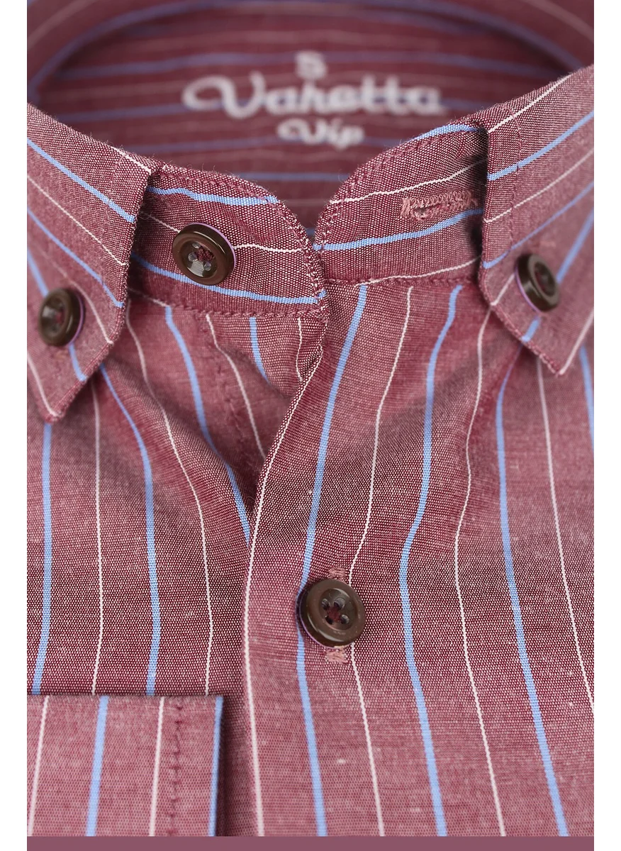 Varetta Men's Claret Red Blue Classic Cut Striped Collar Buttoned Single Pocket Long Sleeve Shirt