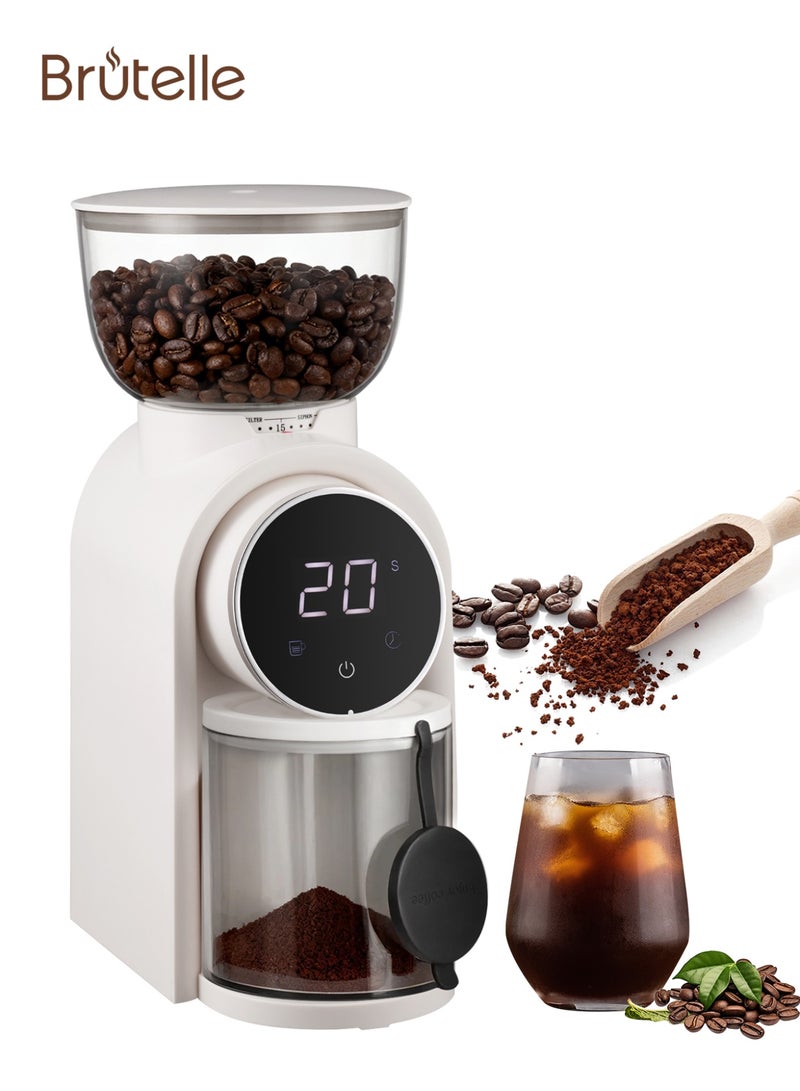 Brutelle Burr Coffee Grinder Electric Coffee Grinder Adjustable Burr Mill with 25 Precision Grind Settings with Time Display and Countdown Display White 150W - Image 1