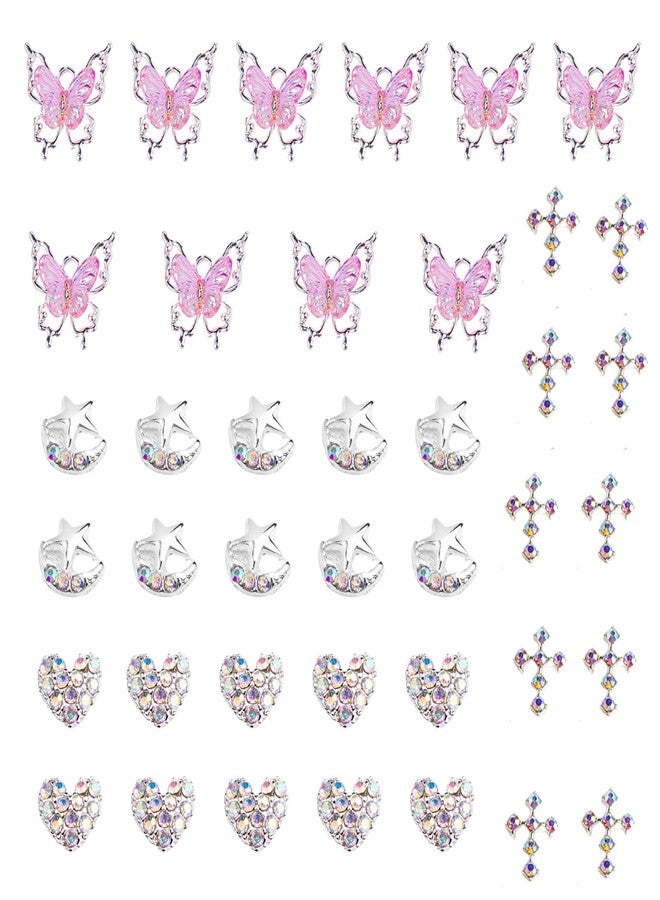 Mocomfor Bling Nail Charms Pink 3D Nail Charms and Gems Aurora Butterfly Cute Silver Cross Star Charms Chrome Heart Silver Y2K Nail Gems with Rhinestones Metallic Nail Art Accessories - Image 1